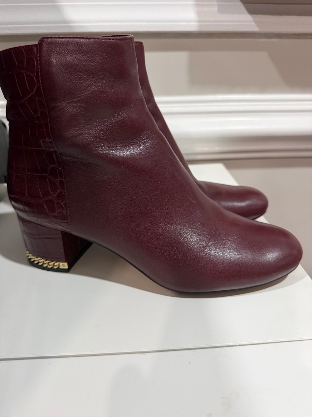 Michael Kors Burgundy Croc-Detail Block Heel Ankle Boots with Gold Chain - Picture 2 of 11